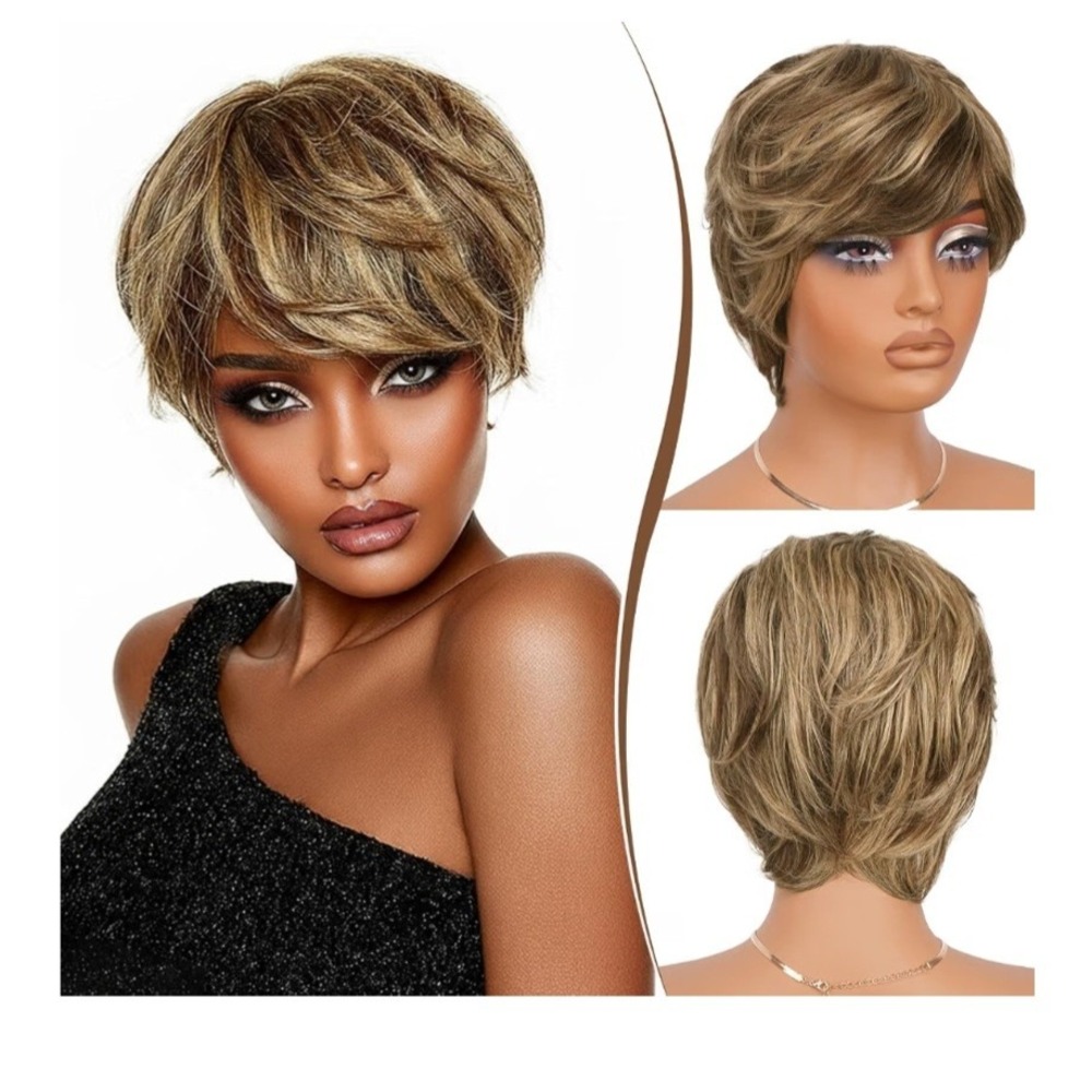 RUWISS Short Pixie Cut Human Hair Wig Glueless Brown Blonde Highlights 4/27
